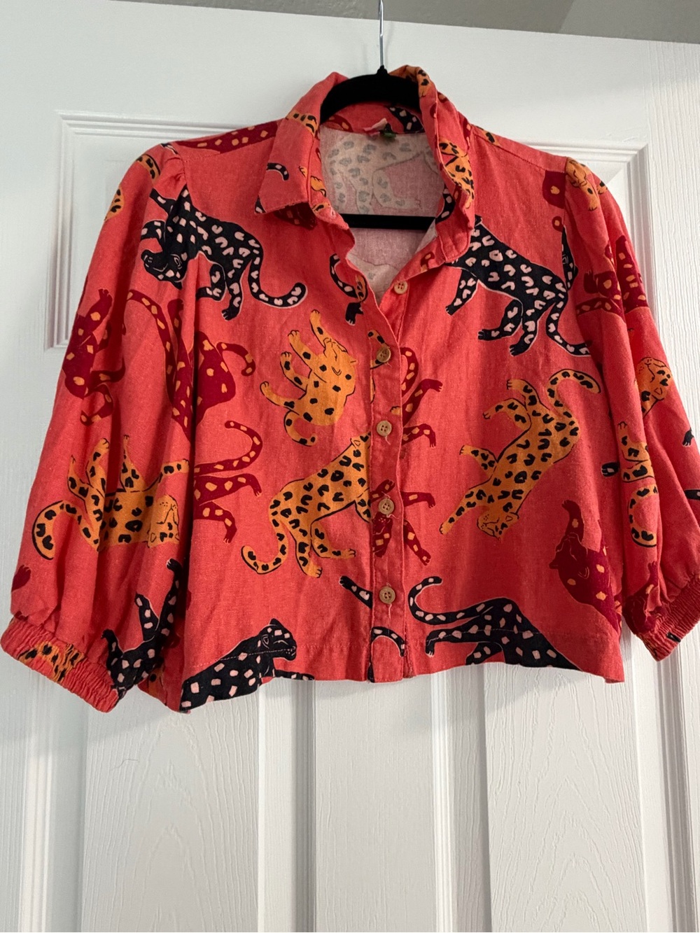 Farm Rio Coral Button-Down Linen Top with Black and Mustard Leopard Print